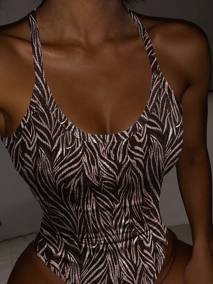 Rovax Best-Selling Women's Casual Knit Bodysuit/Printed Design - Faux Sequin Faux Zebra Stripe Pattern/Black & Brown Sexy Slim Fit Bodysuit - Multicolor - View 5