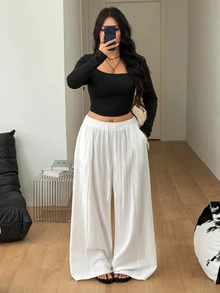 Coolane 女款大尺碼夏秋外出度假正式休閒優雅波西米亞風棉質抽繩腰白色長褲套裝 - 白色 - 查看 5