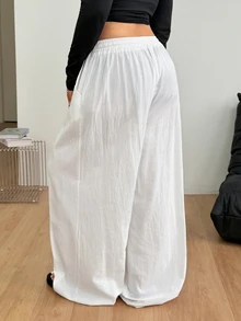 Coolane 女款大尺碼夏秋外出度假正式休閒優雅波西米亞風棉質抽繩腰白色長褲套裝 - 白色 - 查看 6