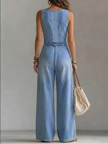 EMERY ROSE Plus Size Women's Button Front Pocket Design Casual Sleeveless Denim Jumpsuit - Blue - View 2
