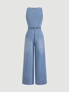 EMERY ROSE Plus Size Women's Button Front Pocket Design Casual Sleeveless Denim Jumpsuit - Blue - View 5