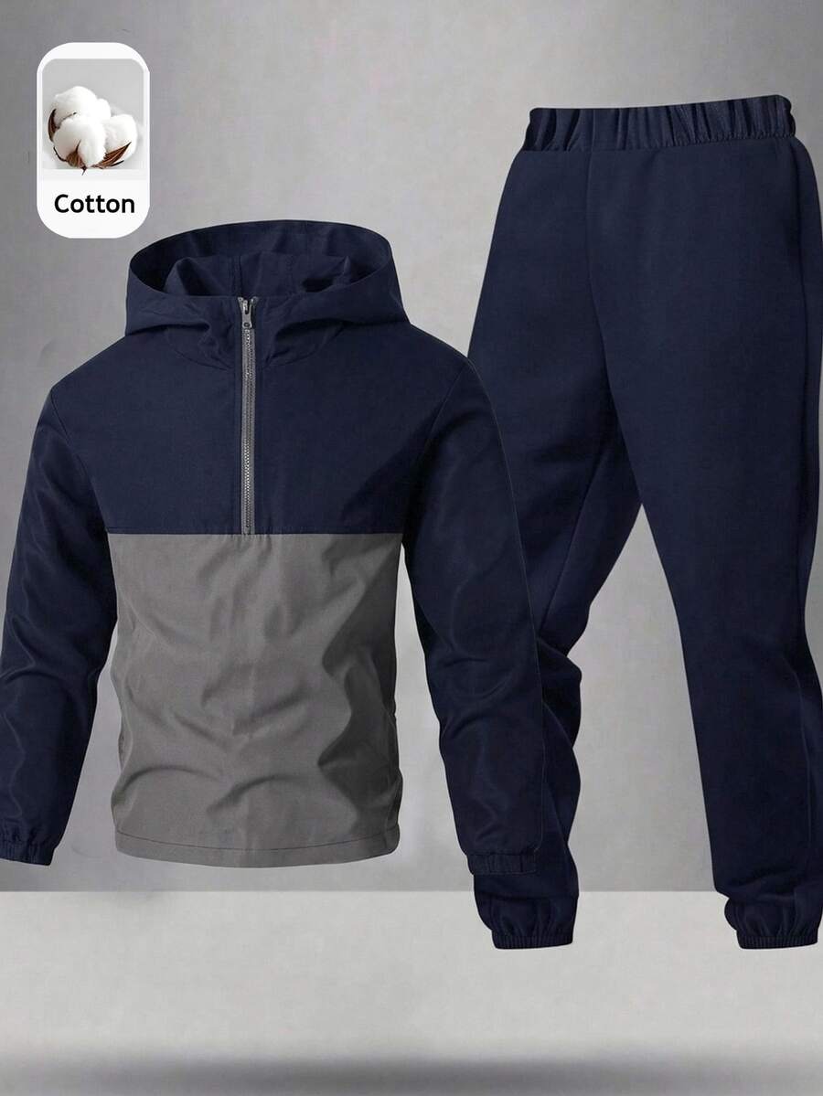 SHEIN 2pcs Kids Tween Boy Half-Zip Hooded Jacket & Jogger Pants Set, Suitable For Commuting, School, Daily Casual Wear, Sports, Autumn/Winter