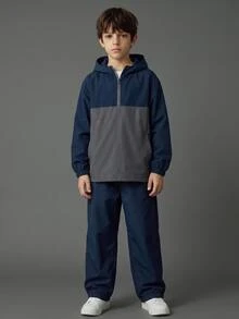 SHEIN 2件組兒童青少年男孩半拉鍊連帽外套與慢跑長褲套裝，適合通勤、上學、日常休閒穿著、運動，秋冬款 - 寶藍色 - 查看 6
