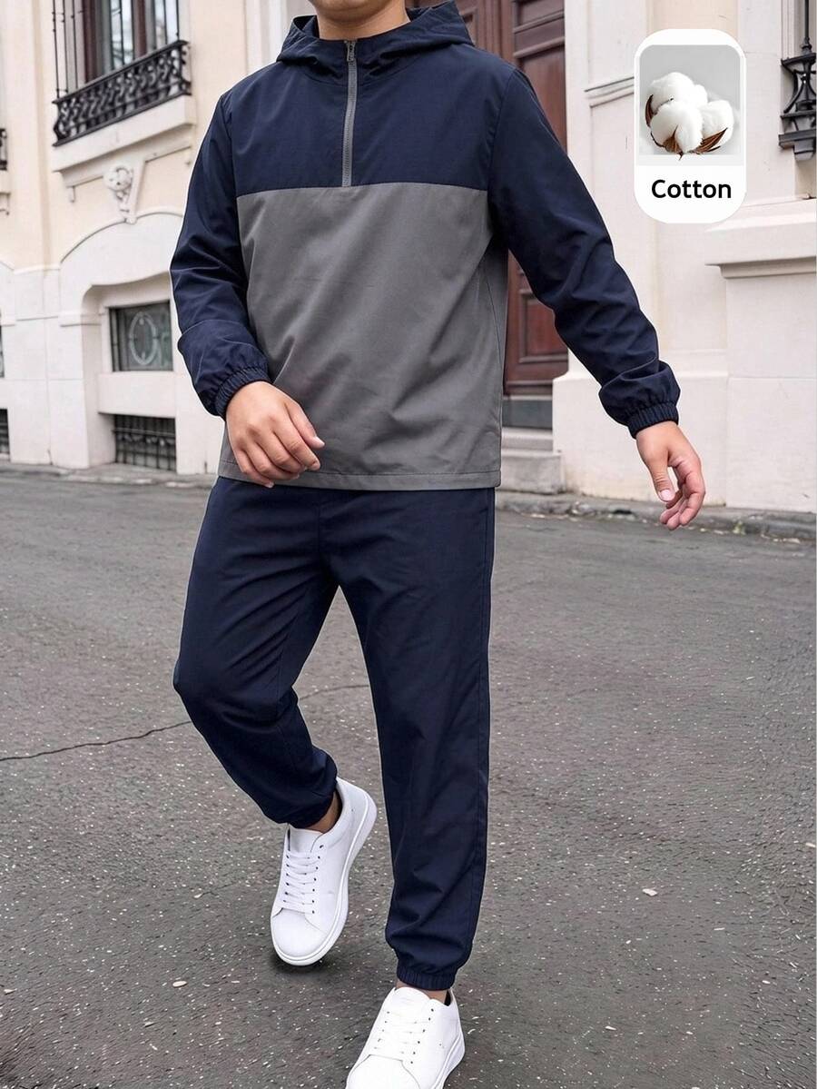 SHEIN 2件組兒童青少年男孩半拉鍊連帽外套與慢跑長褲套裝,適合通勤、上學、日常休閒穿著、運動,秋冬款 - 寶藍色 - 查看 1