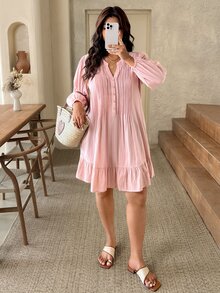 SHEIN Frenchy Plus Size Women Solid Color Casual Everyday Dress Fall/Winter Casual Daily Homewear Dress Casual Vacation Daily Going Out Dress For Women Fall/Winter - Pink - View 4