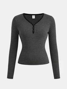 SHEIN Kids Teen Girls T-Shirts Color-Block Striped Long-Sleeve Top,Fall Clothes,Fall Clothes - Black - View 6