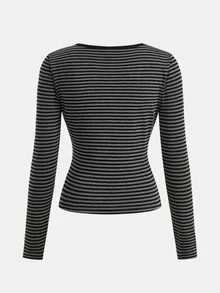 SHEIN Kids Teen Girls T-Shirts Color-Block Striped Long-Sleeve Top,Fall Clothes,Fall Clothes - Black - View 3