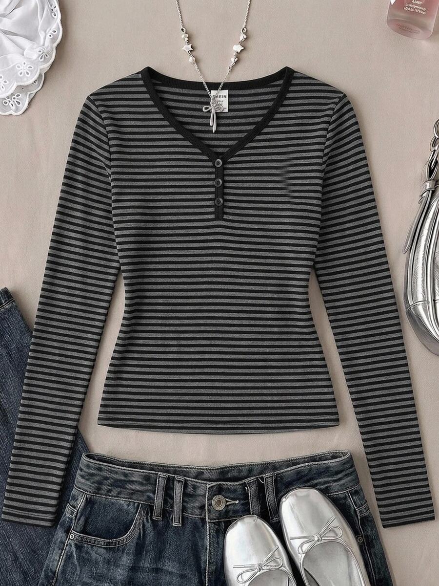 SHEIN Kids Teen Girls T-Shirts Color-Block Striped Long-Sleeve Top,Fall Clothes,Fall Clothes - Black - View 1