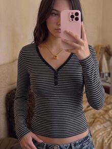 SHEIN Kids Teen Girls T-Shirts Color-Block Striped Long-Sleeve Top,Fall Clothes,Fall Clothes - Black - View 4
