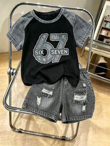 SHEIN 青少年男孩字母與數字印花休閒百搭日常短袖T恤 - 彩色 - 查看 3