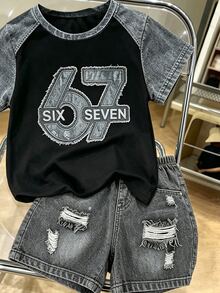 SHEIN 青少年男孩字母與數字印花休閒百搭日常短袖T恤 - 彩色 - 查看 4
