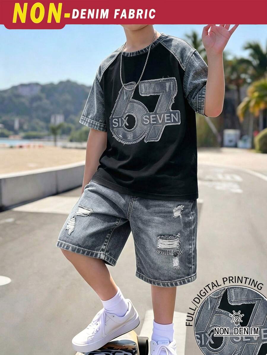 SHEIN 青少年男孩字母與數字印花休閒百搭日常短袖T恤 - 彩色 - 查看 1