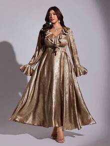 Viva Relle Champagne Gold Foil Shiny Ruffle V-Neck Flare Sleeve Cinched Waist Draped Elegant Mid-Length Dress Fall - Gold - View 3