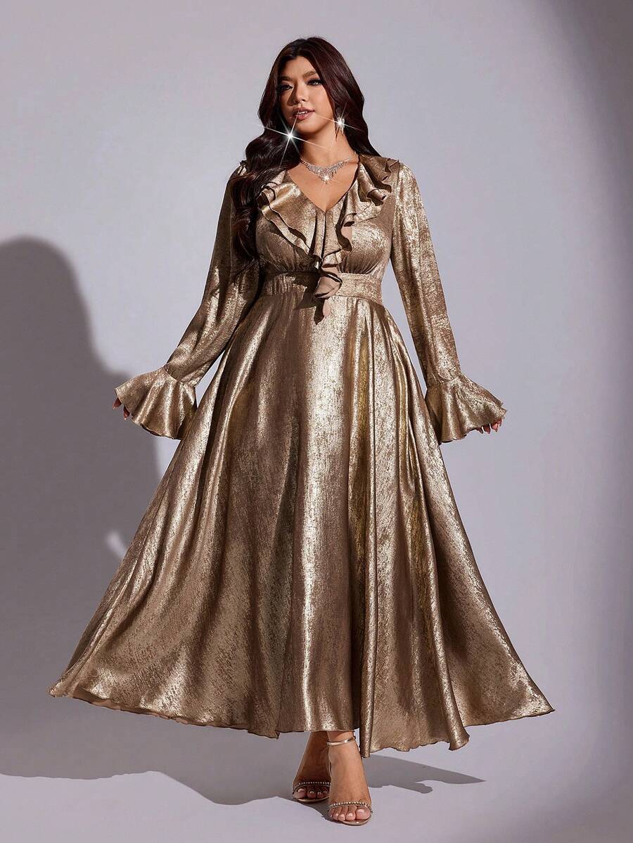 Viva Relle Champagne Gold Foil Shiny Ruffle V-Neck Flare Sleeve Cinched Waist Draped Elegant Mid-Length Dress Fall - Gold - View 1