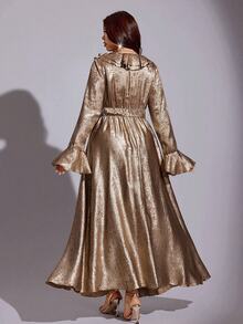 Viva Relle Champagne Gold Foil Shiny Ruffle V-Neck Flare Sleeve Cinched Waist Draped Elegant Mid-Length Dress Fall - Gold - View 2