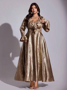 Viva Relle Champagne Gold Foil Shiny Ruffle V-Neck Flare Sleeve Cinched Waist Draped Elegant Mid-Length Dress Fall - Gold - View 8