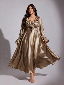 Viva Relle Champagne Gold Foil Shiny Ruffle V-Neck Flare Sleeve Cinched Waist Draped Elegant Mid-Length Dress Fall - Gold - View 1