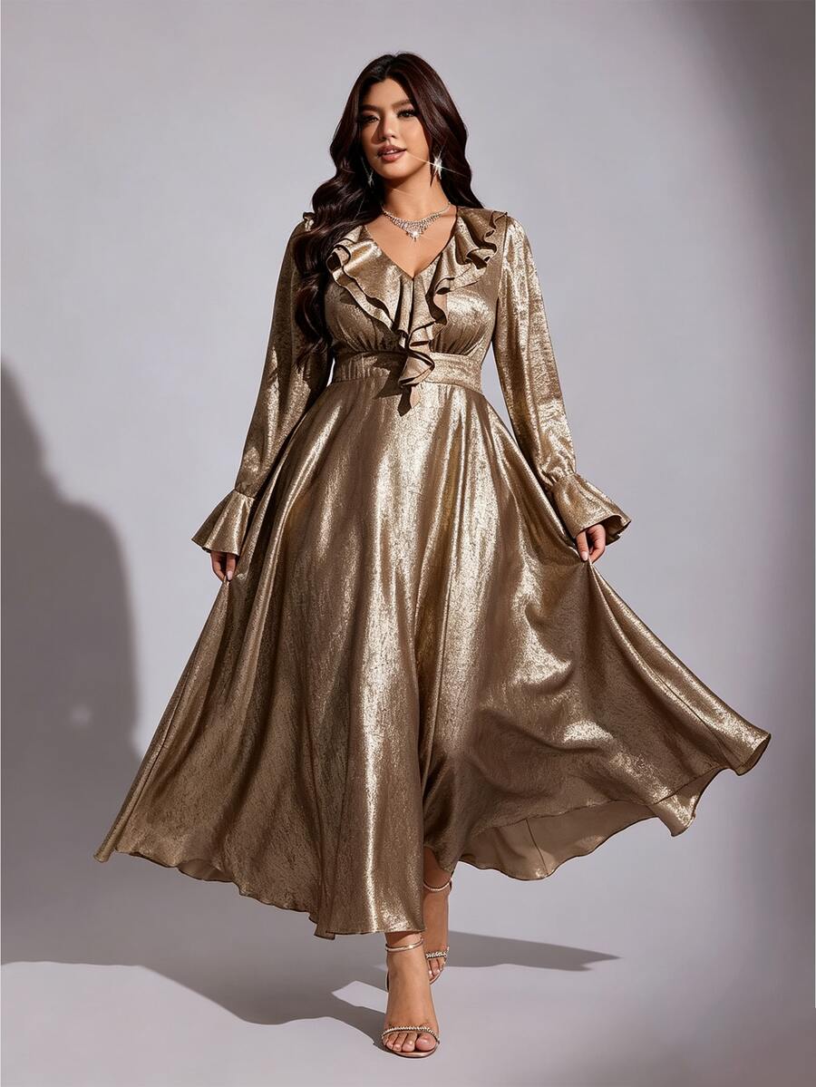 Viva Relle Champagne Gold Foil Shiny Ruffle V-Neck Flare Sleeve Cinched Waist Draped Elegant Mid-Length Dress Fall - Gold - View 1