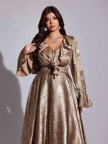 Viva Relle Champagne Gold Foil Shiny Ruffle V-Neck Flare Sleeve Cinched Waist Draped Elegant Mid-Length Dress Fall - Gold - View 4