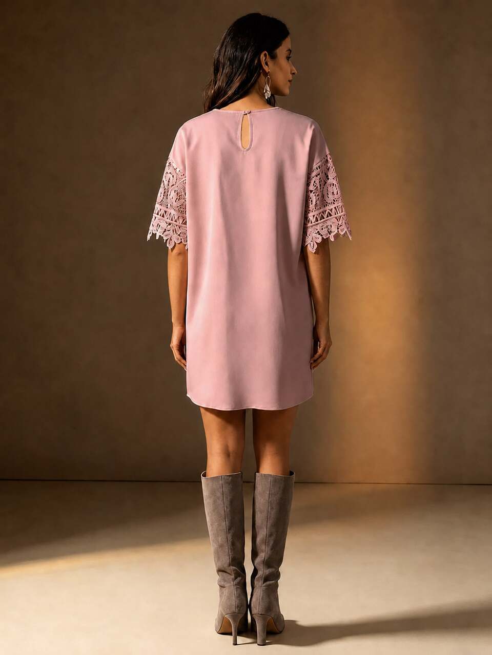 Anewsta French Elegant Romantic Summer Soft Pink Short Straight Hollow Lace Patchwork Short Sleeve Date Cocktail Birthday Vacation A-Line Women's Dress
