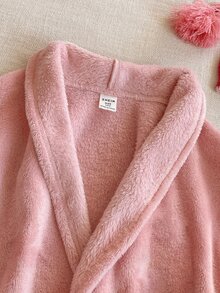 SHEIN 3件組少女粉色可愛睡衣套裝，秋冬少女SPA浴袍，紅色格紋領長袖上衣與直筒長褲居家休閒套裝 - 彩色 - 查看 3