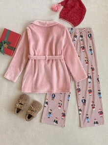 SHEIN 3件組少女粉色可愛睡衣套裝，秋冬少女SPA浴袍，紅色格紋領長袖上衣與直筒長褲居家休閒套裝 - 彩色 - 查看 2