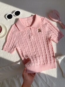 Comfortcana 女款 Polo Bear 針織上衣，秋季穿搭，返校季，外出穿搭，可愛女款上衣，女款基礎上衣，粉色上衣 - 粉色 - 查看 5