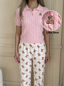 Comfortcana 女款 Polo Bear 針織上衣，秋季穿搭，返校季，外出穿搭，可愛女款上衣，女款基礎上衣，粉色上衣 - 粉色 - 查看 6