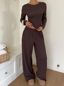 SHEIN EZwear 深棕色針織短版上衣長褲休閒極簡套裝 女款 日常居家 秋季度假 居家旅行 早午餐 - 咖啡棕 - 查看 3