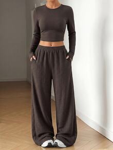 SHEIN EZwear 深棕色針織短版上衣長褲休閒極簡套裝 女款 日常居家 秋季度假 居家旅行 早午餐 - 咖啡棕 - 查看 8