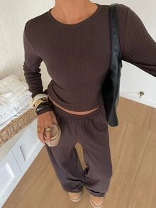 SHEIN EZwear 深棕色針織短版上衣長褲休閒極簡套裝 女款 日常居家 秋季度假 居家旅行 早午餐 - 咖啡棕 - 查看 9