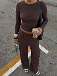 SHEIN EZwear 深棕色針織短版上衣長褲休閒極簡套裝 女款 日常居家 秋季度假 居家旅行 早午餐 - 咖啡棕 - 查看 10