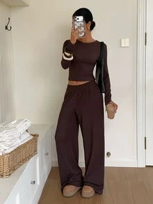 SHEIN EZwear 深棕色針織短版上衣長褲休閒極簡套裝 女款 日常居家 秋季度假 居家旅行 早午餐 - 咖啡棕 - 查看 5