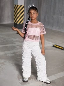 SHEIN Tween Girls Street Style Knit Mesh Round Neck Casual Sports Short Sleeve Top - Coral Pink - View 4