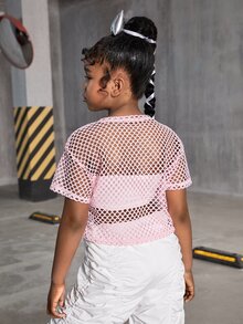 SHEIN Tween Girls Street Style Knit Mesh Round Neck Casual Sports Short Sleeve Top - Coral Pink - View 2