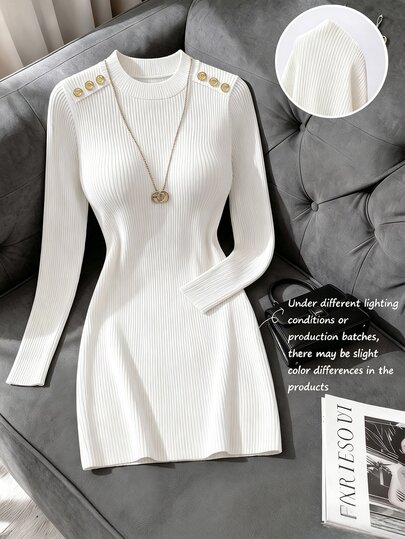 SHEIN Franclia Women's Elegant Casual Multi Occasion Y2K Party Office Summer White Rib Knit Shoulder Metal Button Fitted Long Sleeve Bodycon Mini Dress