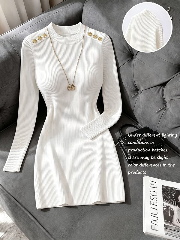 SHEIN Franclia Women's Elegant Casual Multi Occasion Y2K Party Office Summer White Rib Knit Shoulder Metal Button Fitted Long Sleeve Bodycon Mini Dress