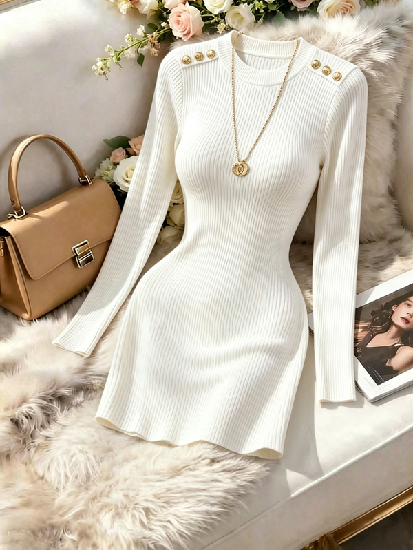 SHEIN Franclia Women's Elegant Casual Multi Occasion Y2K Party Office Summer White Rib Knit Shoulder Metal Button Fitted Long Sleeve Bodycon Mini Dress