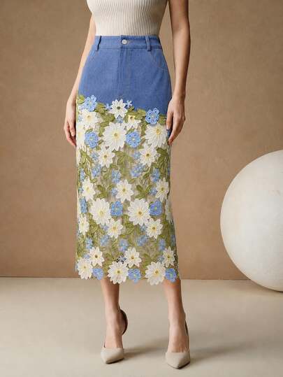 Anewsta Spring/Summer Fresh Pastoral Style Denim Patchwork Floral Lace Daily Commute Date Vacation Women's Skirt