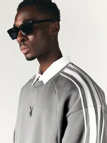 PLAYBOY X SUMWON Bunny Logo Oversized Crew Neck Sweatshirt With Contrast Stripe Sleeve Detail And Ribbed Cuffs And Hem - Grey - View 5