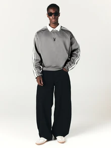 PLAYBOY X SUMWON Bunny Logo Oversized Crew Neck Sweatshirt With Contrast Stripe Sleeve Detail And Ribbed Cuffs And Hem - Grey - View 3
