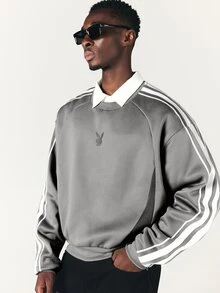 PLAYBOY X SUMWON Bunny Logo Oversized Crew Neck Sweatshirt With Contrast Stripe Sleeve Detail And Ribbed Cuffs And Hem - Grey - View 1
