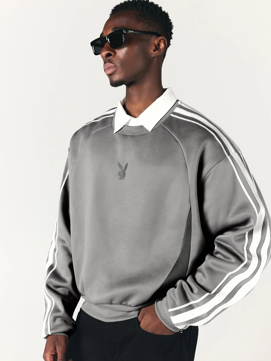 PLAYBOY X SUMWON Bunny Logo Oversized Crew Neck Sweatshirt With Contrast Stripe Sleeve Detail And Ribbed Cuffs And Hem - Grey - View 1