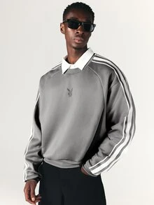 PLAYBOY X SUMWON Bunny Logo Oversized Crew Neck Sweatshirt With Contrast Stripe Sleeve Detail And Ribbed Cuffs And Hem - Grey - View 4
