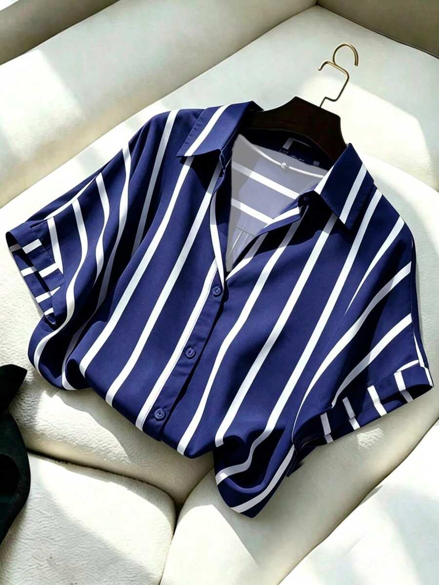 GlowEve CURVE Plus Size Striped Print Front Button Elegant Short Sleeve Shirt - Blue and White - View 1