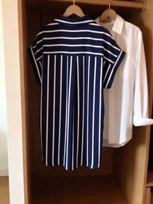GlowEve CURVE Plus Size Striped Print Front Button Elegant Short Sleeve Shirt - Blue and White - View 2