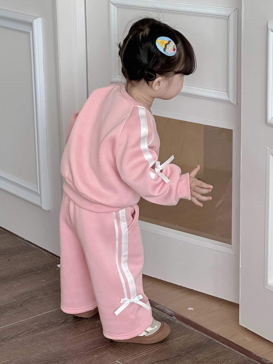 Pink Cute Toddler Baby Girl Autumn Clothes,Family Matching Striped Bow Pullover Raglan Sleeve Hoodie & Wide Leg Pants Set,Spring Sports Style Outfit