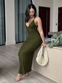 leahseptember 女款優雅橄欖綠露背洋裝，適合夏季晚餐約會與度假派對 - 軍綠色 - 查看 6