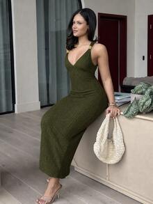 leahseptember 女款優雅橄欖綠露背洋裝，適合夏季晚餐約會與度假派對 - 軍綠色 - 查看 3