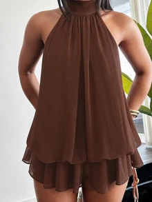 leahseptember Women's Elegant Light Yellow Halter Tie Mini Dress Party - Rust Brown - View 6